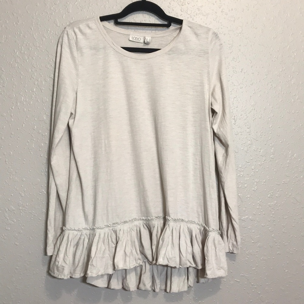 Lori Goldstein Cream Tunic Top Ruffle Bottom M